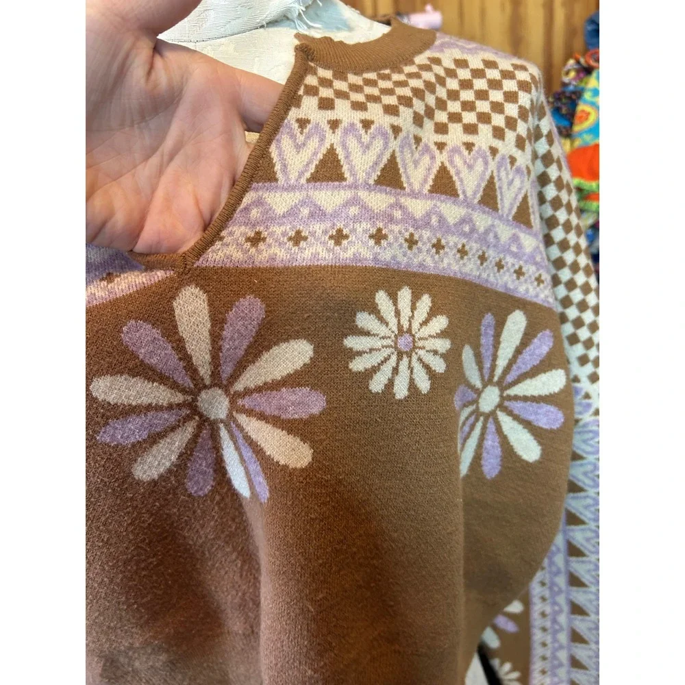 Altar'd State Brown Floral Checkerboard Cropped Sweater Boho Retro Sz M - Picture 3 of 8